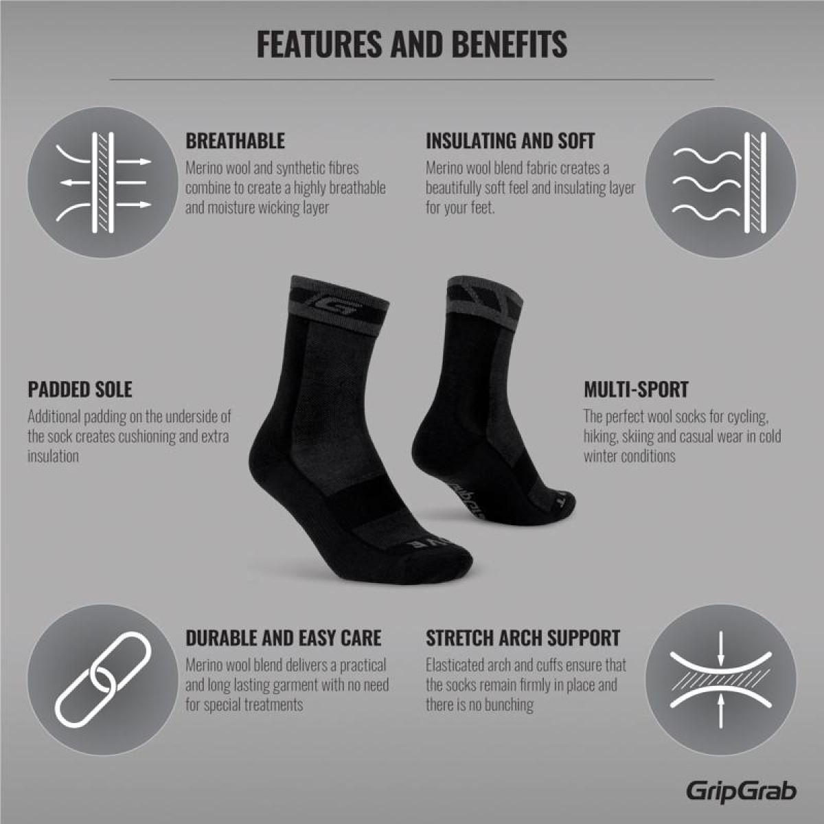 GripGrab Merino ziemas zeķes | Black