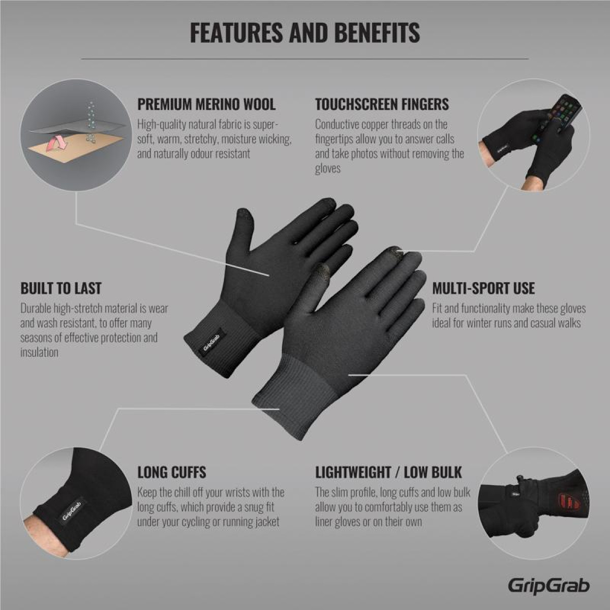 GripGrab Merino Liner pirštinės | Black