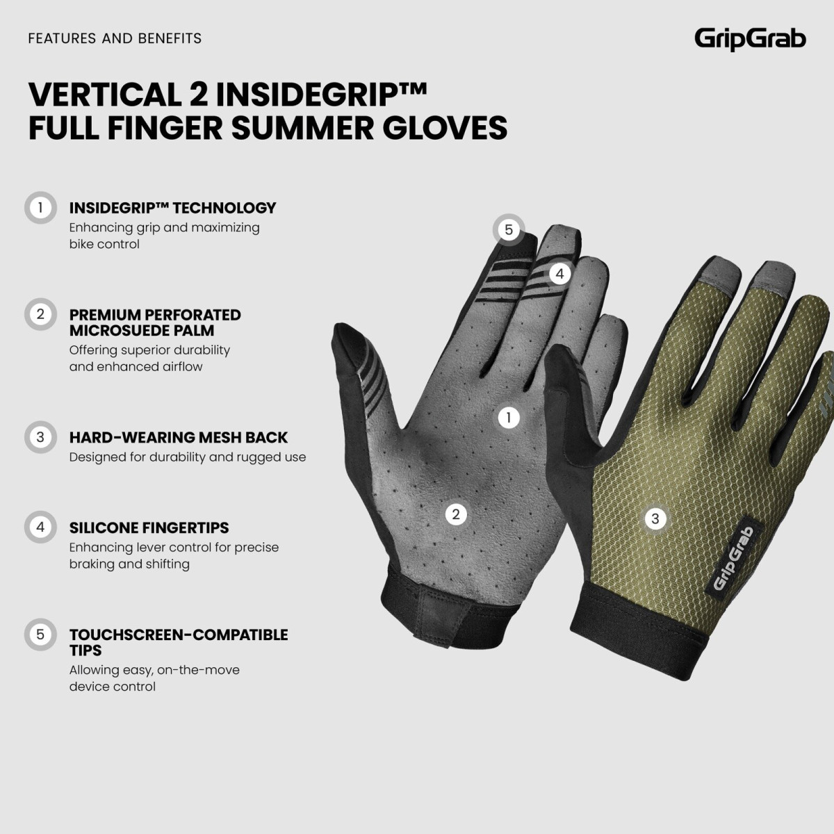 GripGrab Vertical 2 InsideGrip™ Full Finger kindad | Olive Green