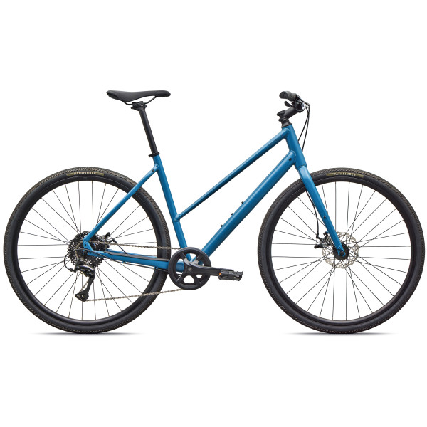 Specialized Sirrus X 1.0 Step-Through hübriidjalgrattad | Satin Grey Blue - Cast Blue Metallic Frost Reflective