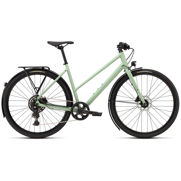 Specialized Sirrus X 2.0 Step-Through EQ hübriidjalgrattad | Satin Pistachio - Dolomite Metallic Frost Reflective
