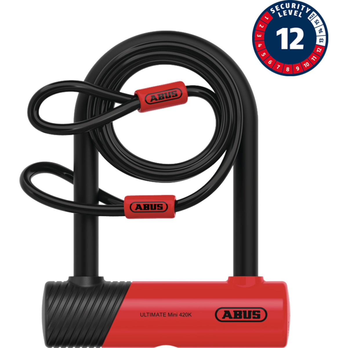 Abus Ultimate Mini 420K|150HB140 U slēdzene ar USH stiprinājumu + Cobra™ 10|120 kabelis | Black - Red