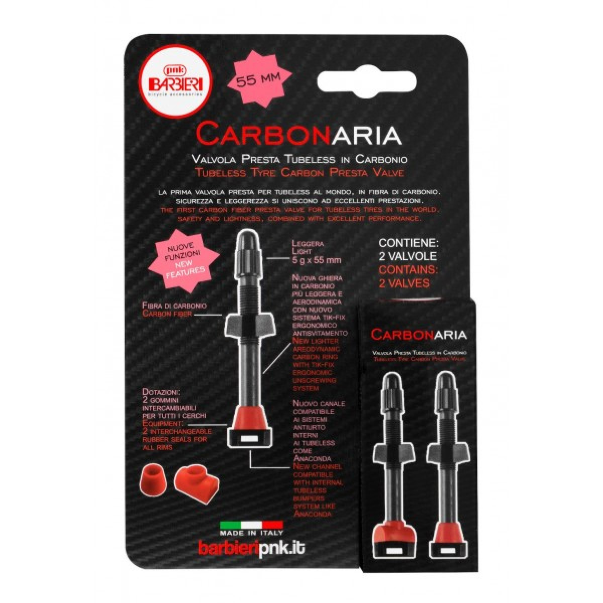 Barbieri Carbon Tubeless Valves | SV 55 mm | 2 pcs | Black