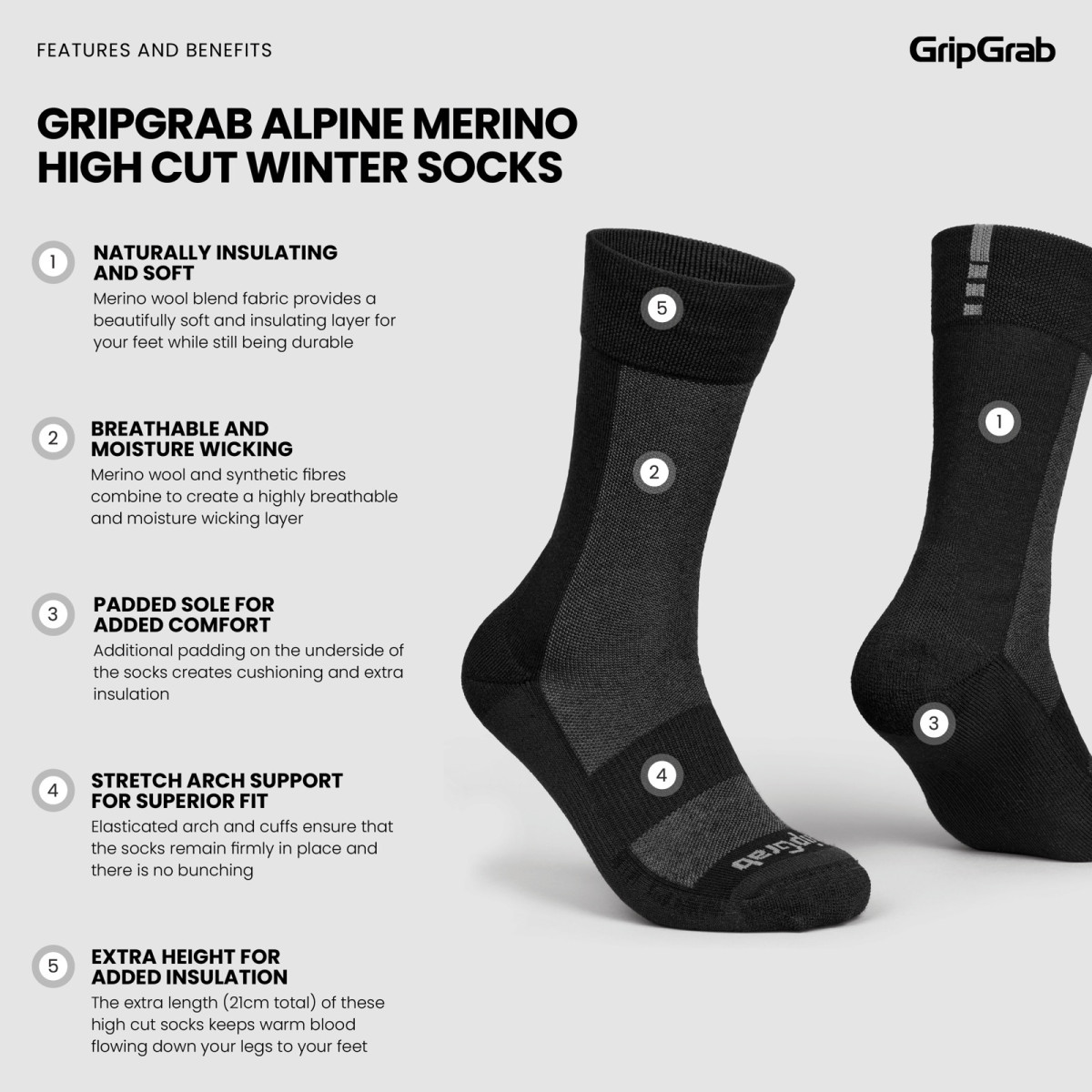 GripGrab Alpine Merino zeķes ar augstu piegriezumu | Black