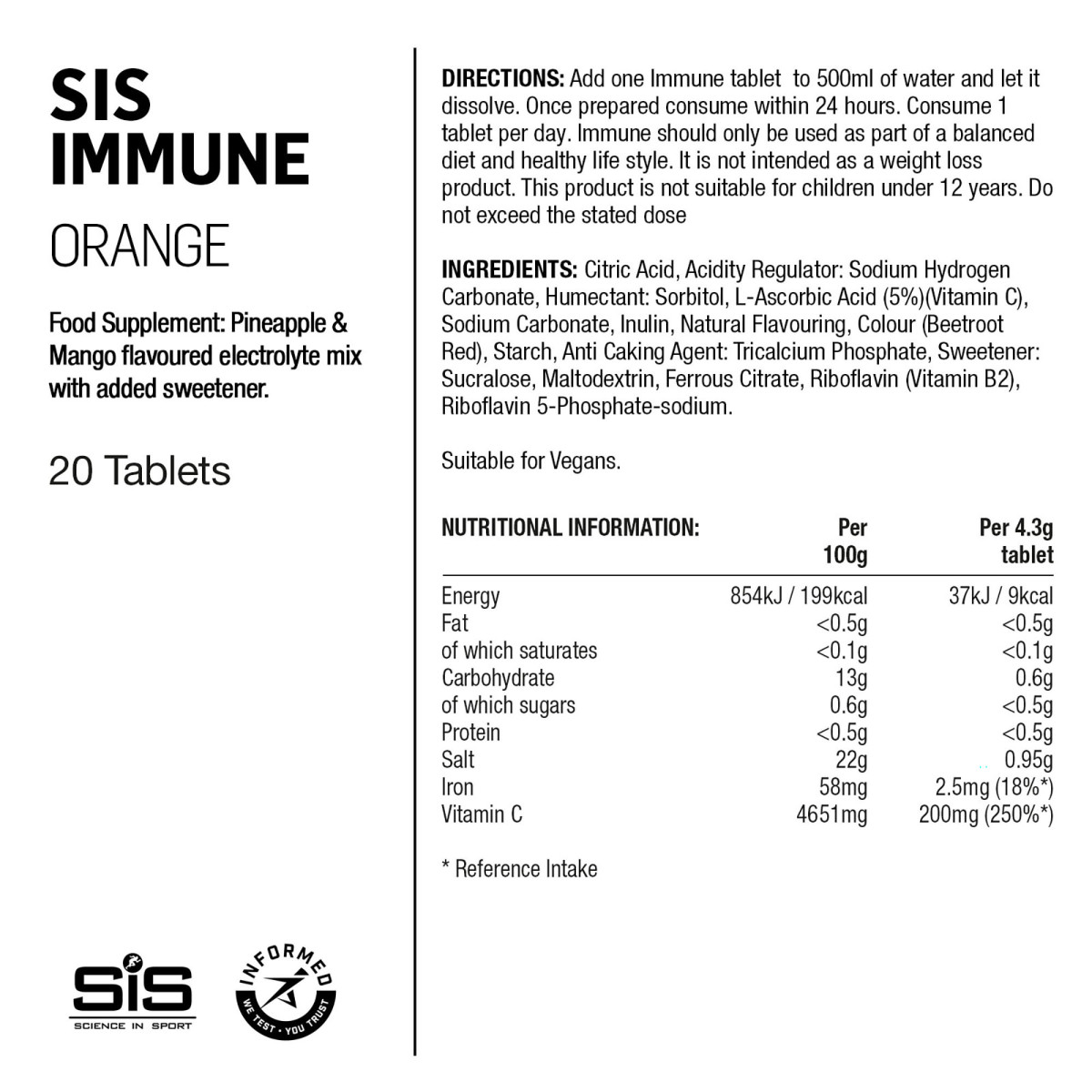 SIS GO Immune Supplement Tablets | 20 x 4.3g | Orange