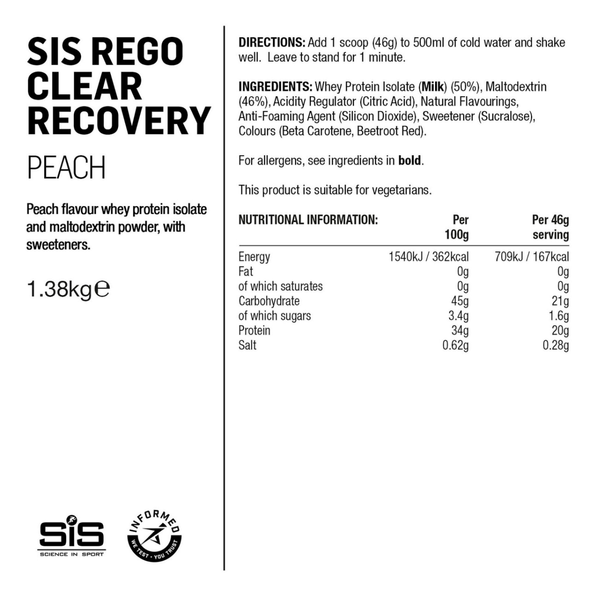 SIS Rego Clear Recovery dzēriens | 1.38kg | Peach