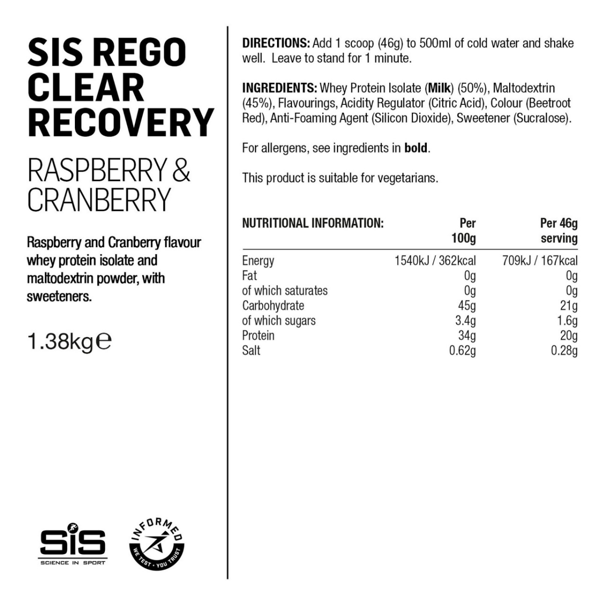 SIS Rego Clear Recovery Drink | 1.38kg | Raspberry - Cranberry